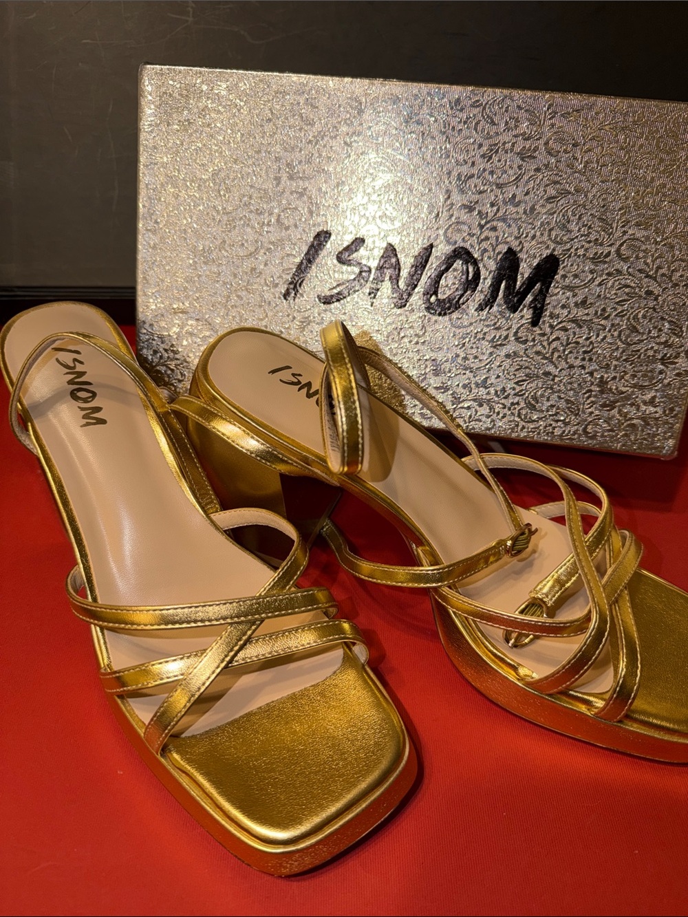 ISNOM Metallic Gold Strappy Block-Heel Sandals with Wrap Ankle Tie